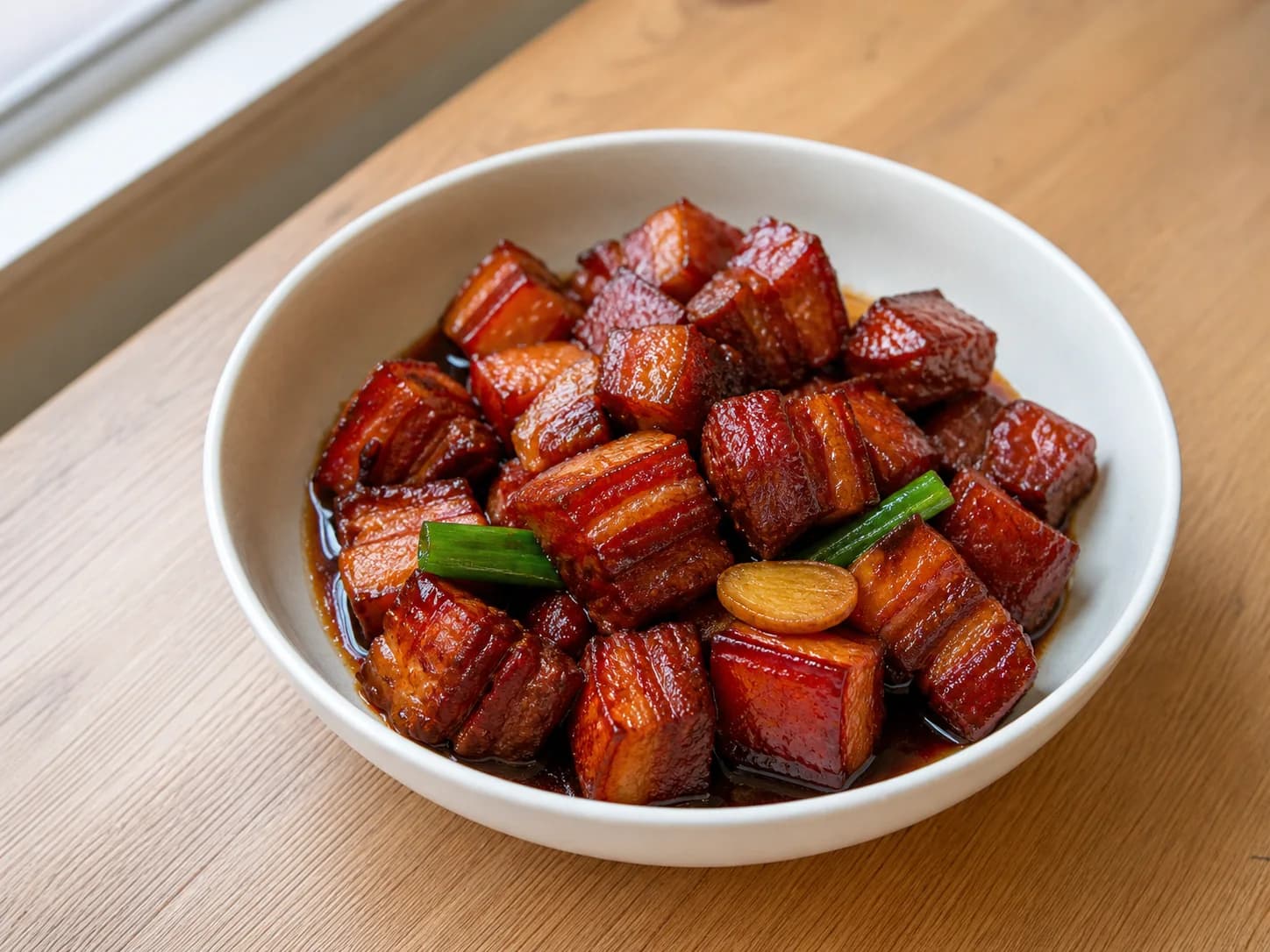 Home-style red-braised pork belly in a white ceramic bowl