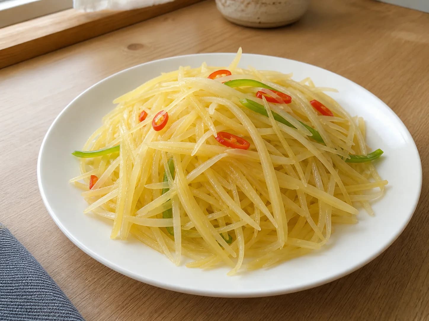 Hot-and-sour shredded potatoes on a white ceramic plate